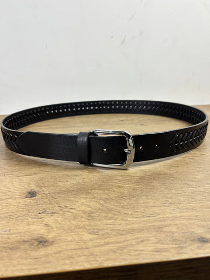 Limited Edition Black Crazy Horse Handmade Chevron Pattern Leather Belt - 40 MM