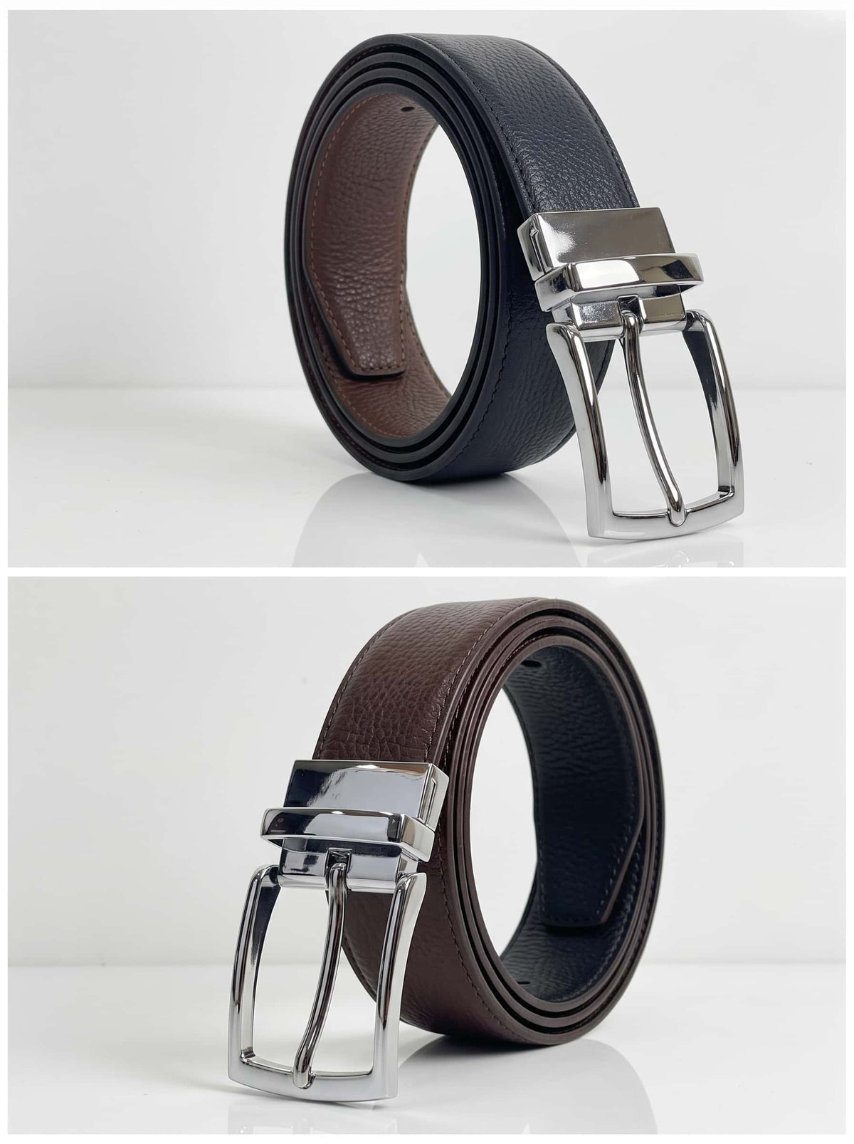 2-in-1 Natural Cow Leather Belt- Black & Chocolate Brown