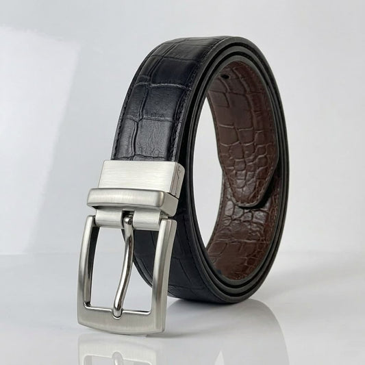 2-in-1 High Chrome finish Cow Leather Belt - Crocodile Black & Brown