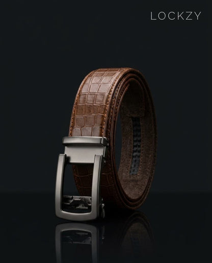 Auto Lock Brown Leather Belt — Croc Embossed