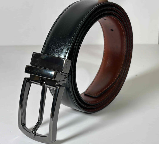 2-in-1 Double-Sided Cow Leather High Chrome Finish Belt - Black & Deep Brown