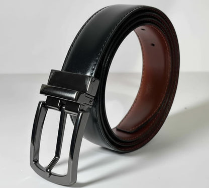2-in-1 Double-Sided Cow Leather High Chrome Finish Belt - Black & Deep Brown