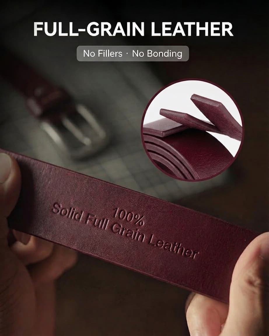 Full Grain Natural Leather Belt - Burgundy/Maroon - 40mm