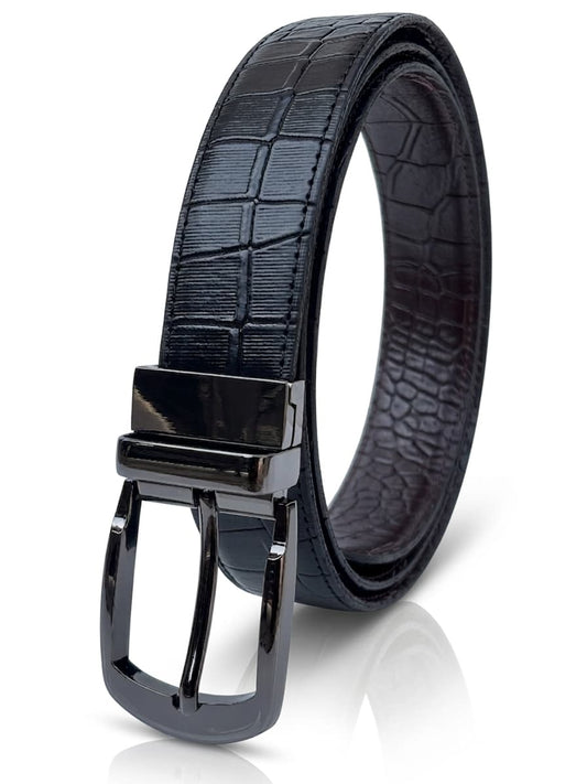 2-in-1 Double-Sided Cow Leather High Chrome Finish Belt - Crocodile Black & Brown