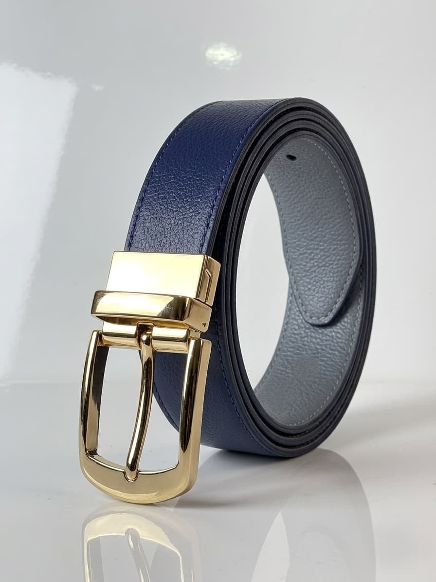 2-in-1 Double-Sided Natural Cow 100 % Leather Belt - Blue & Grey- No Peeling or Cracking