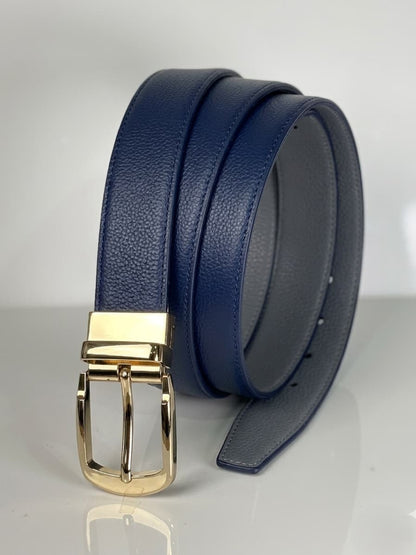 2-in-1 Double-Sided Natural Cow 100 % Leather Belt - Blue & Grey- No Peeling or Cracking