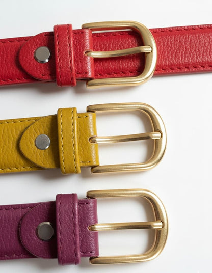 Three belts with gold buckles in red, yellow, and purple on a white background