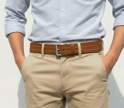 Person wearing a light blue shirt, beige pants, and a brown belt on a plain background
