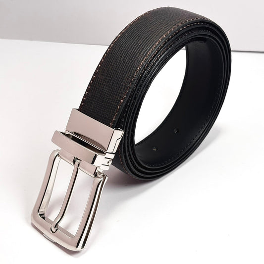 2-in-1 Double-Sided Natural Cow Leather Belt - Black & Brown Textured