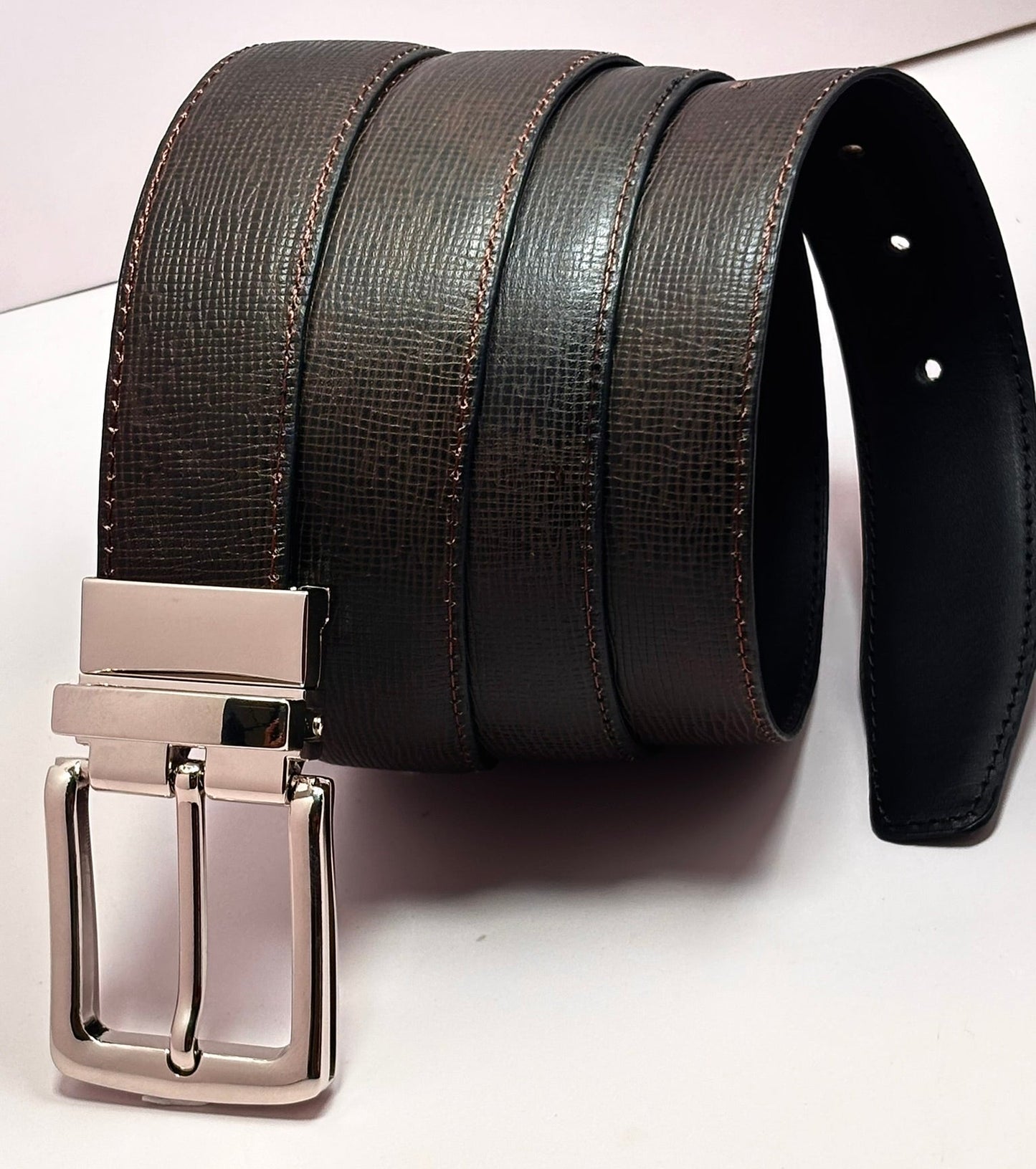 2-in-1 Double-Sided Natural Cow Leather Belt - Black & Brown Textured