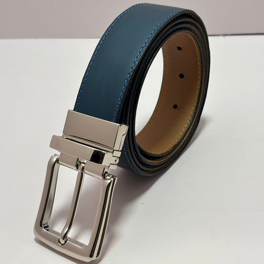 2-in-1 Double-Sided Natural Cow Leather Belt - Blue & Beige