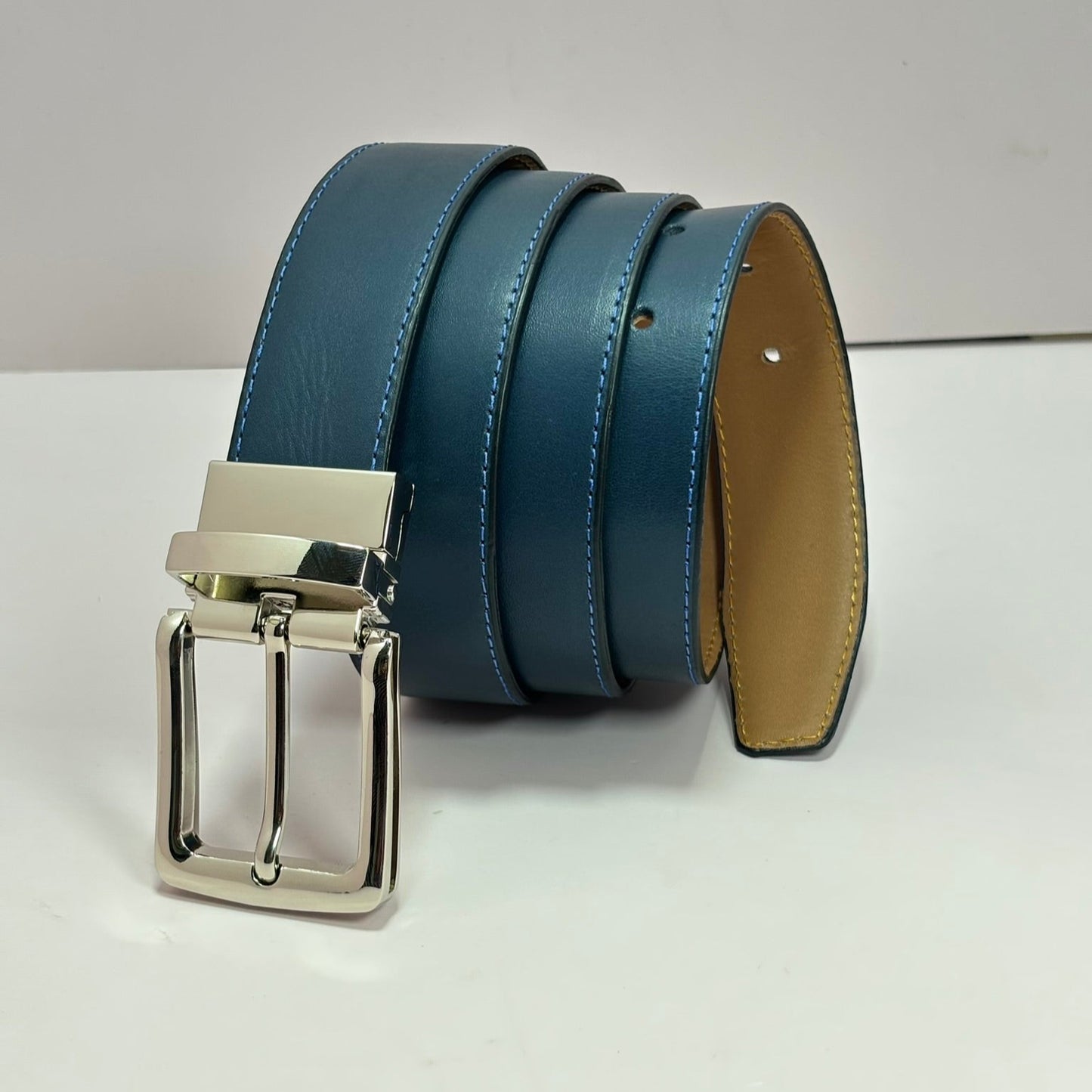 2-in-1 Double-Sided Natural Cow Leather Belt - Blue & Beige - 2 years Warranty Against Peeling