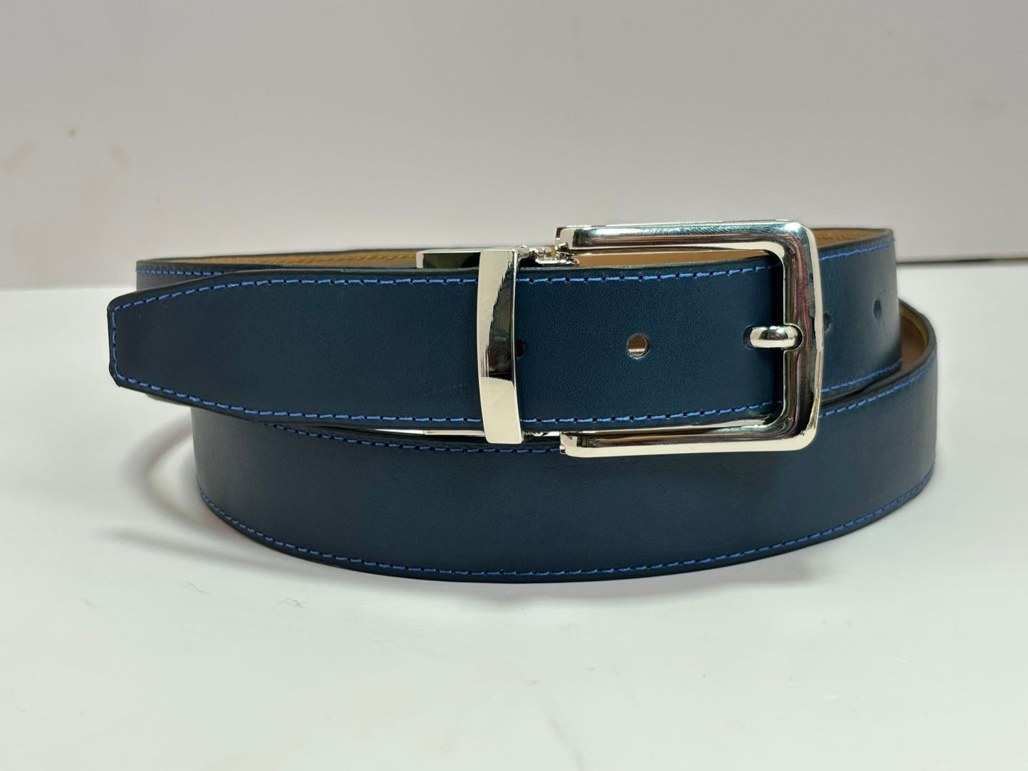 2-in-1 Double-Sided Natural Cow Leather Belt - Blue & Beige - 2 years Warranty Against Peeling