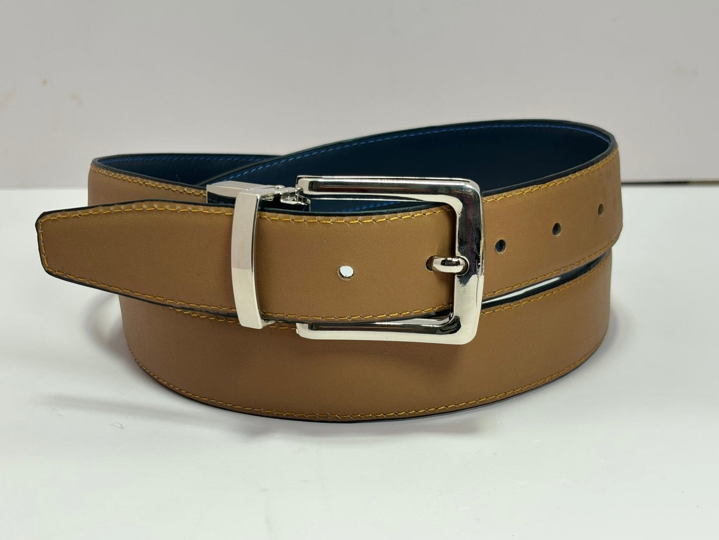 2-in-1 Double-Sided Natural Cow Leather Belt - Blue & Beige - 2 years Warranty Against Peeling