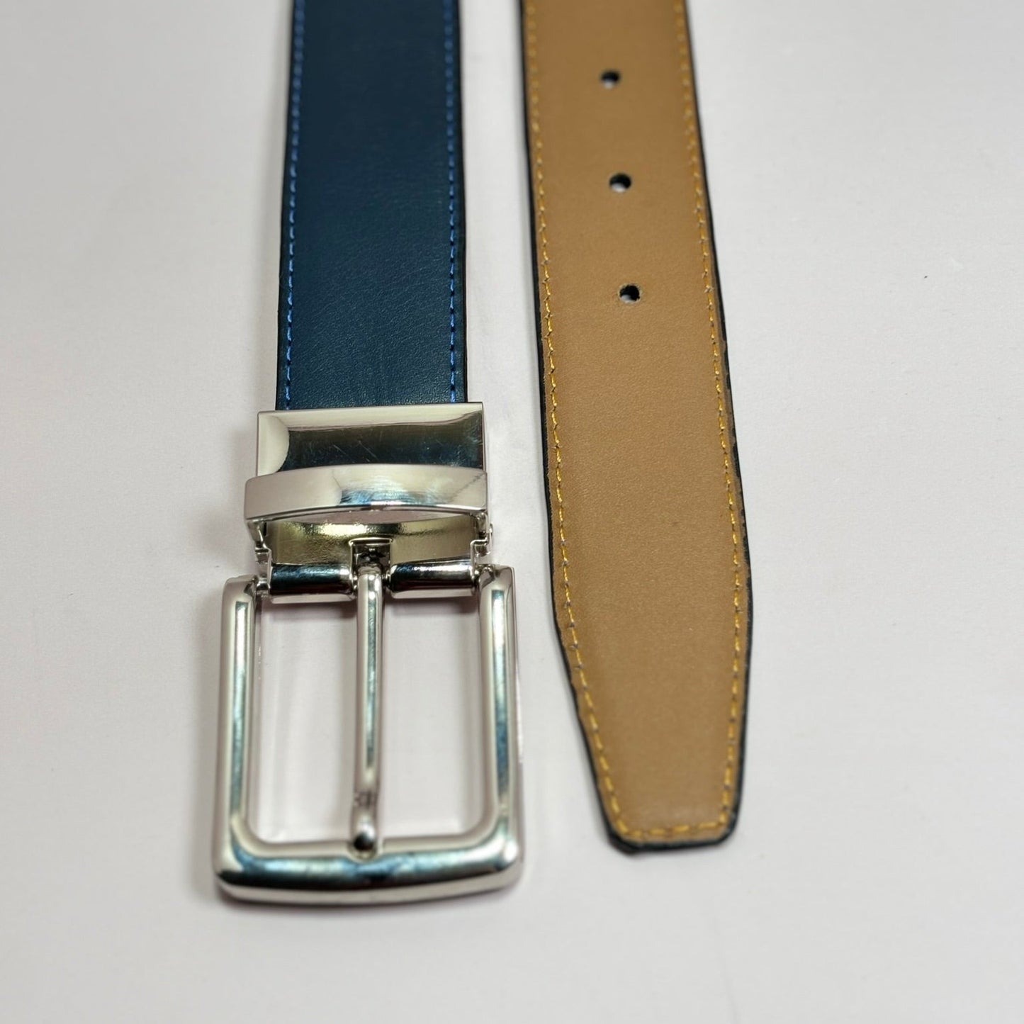 2-in-1 Double-Sided Natural Cow Leather Belt - Blue & Beige - 2 years Warranty Against Peeling