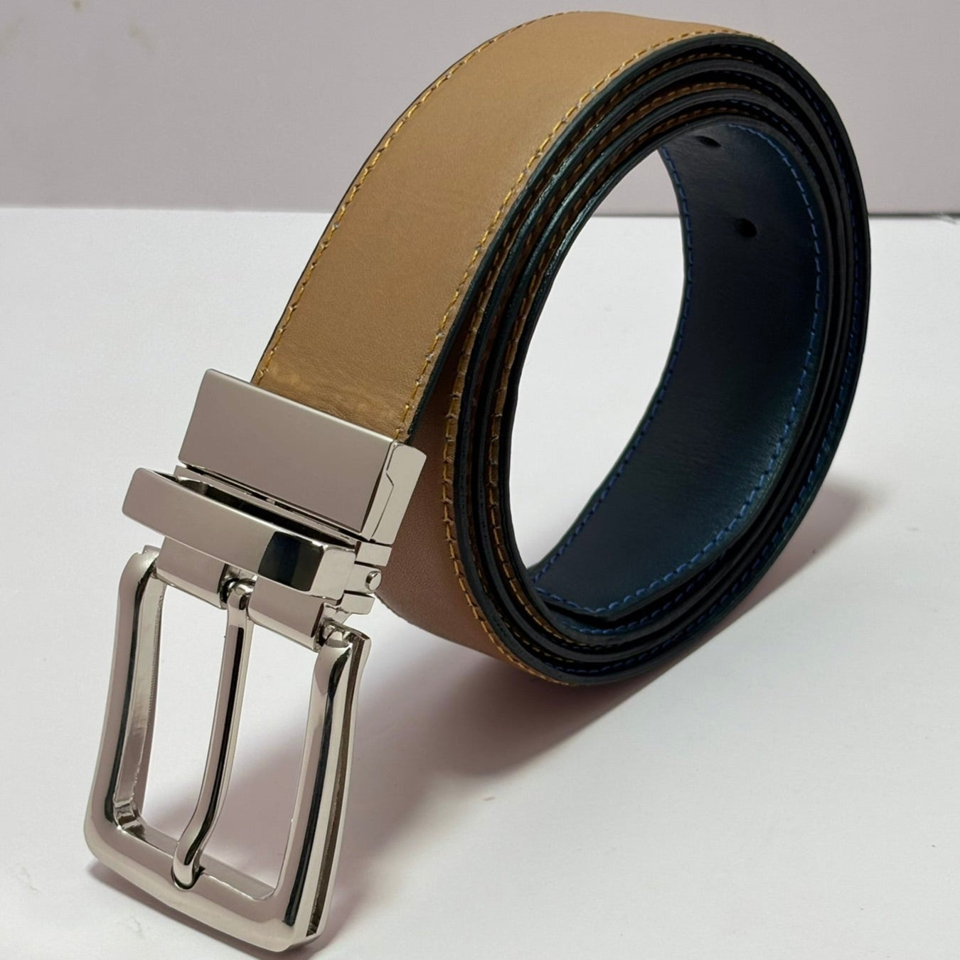 2-in-1 Double-Sided Natural Cow Leather Belt - Blue & Beige - 2 years Warranty Against Peeling