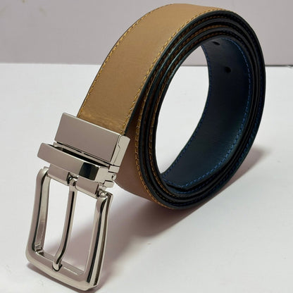 2-in-1 Double-Sided Natural Cow Leather Belt - Blue & Beige - 2 years Warranty Against Peeling
