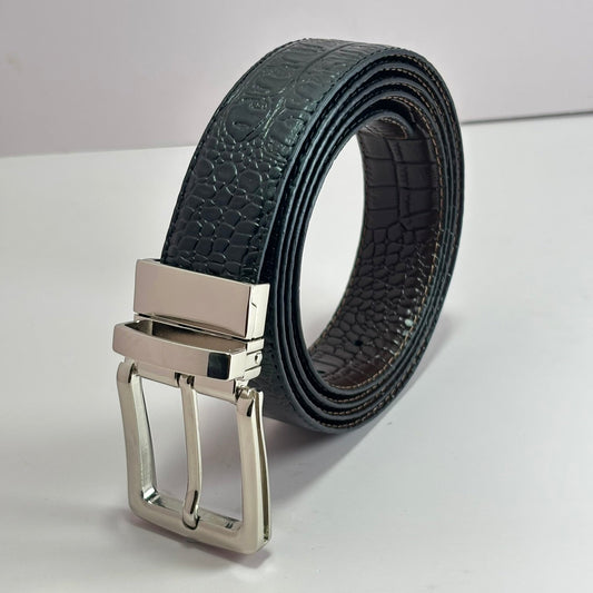 2-in-1 Double-Sided Cow Leather High Chrome Finish Belt - Crocodile Black & Brown