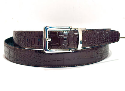 2-in-1 Double-Sided Cow Leather High Chrome Finish Belt - Crocodile Black & Brown