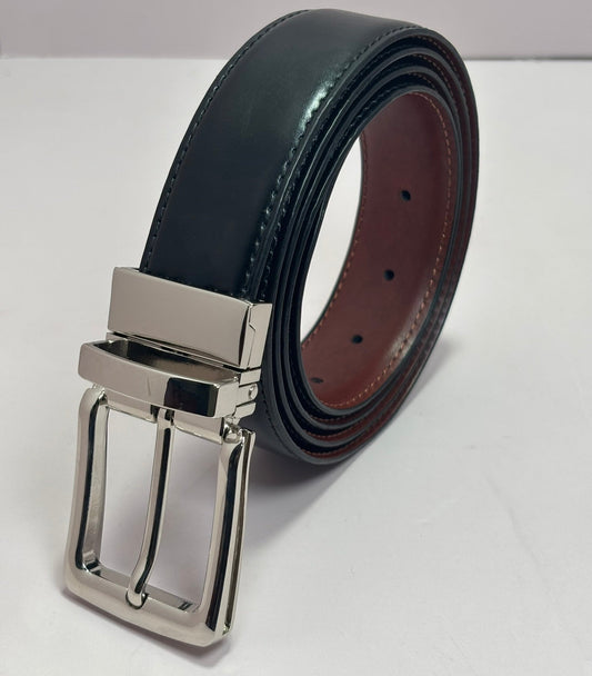 2-in-1 Double-Sided Cow Leather High Chrome Finish Belt - Black & Deep Brown
