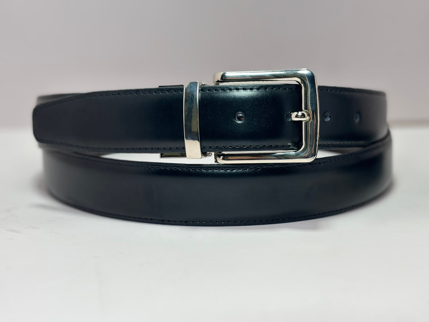 2-in-1 Double-Sided Cow Leather High Chrome Finish Belt - Black & Deep Brown