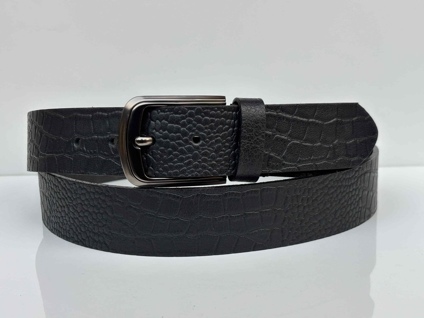 Full Grain 100%  Pure Leather Belt - - No Peeling or Cracking - Best For Jeans - Crocodile Black