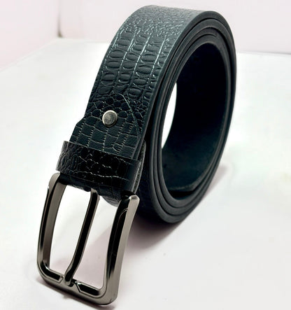Full Grain Buffalo Leather Belt - Crocodile Black, 2-Year Warranty Against Peeling