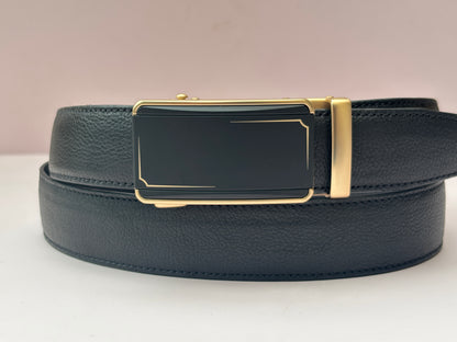 Black leather belt with a gold buckle on a light background