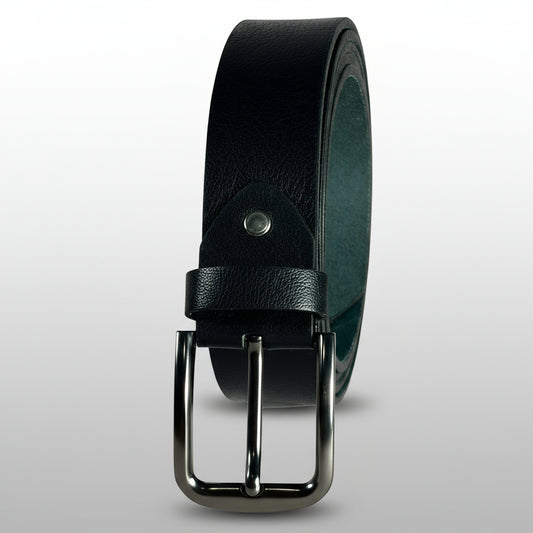 Black leather belt with a silver buckle on a white background