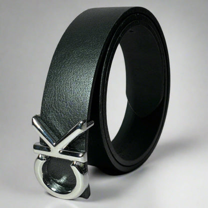 Black leather belt with silver buckle on a gray background