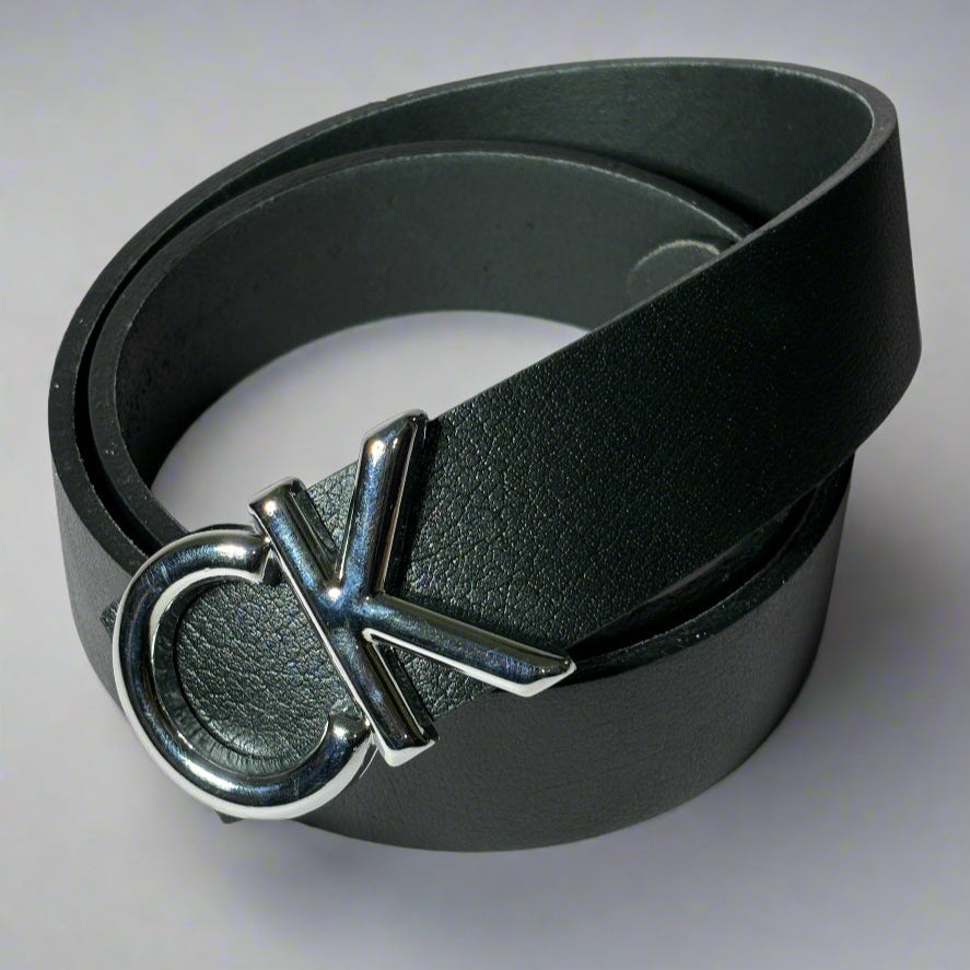Black belt with a silver buckle on a light gray background