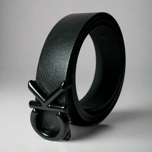 Black belt with a buckle on a light gray background