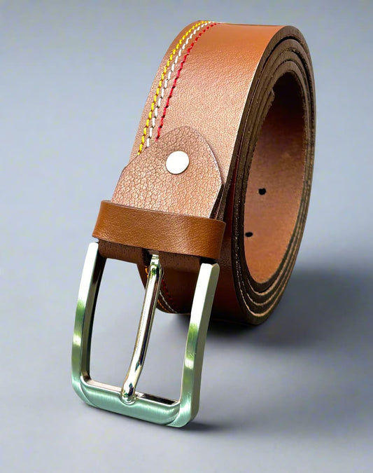 Brown Full Grain 100 % Leather Jeans Belt - Side Stitch