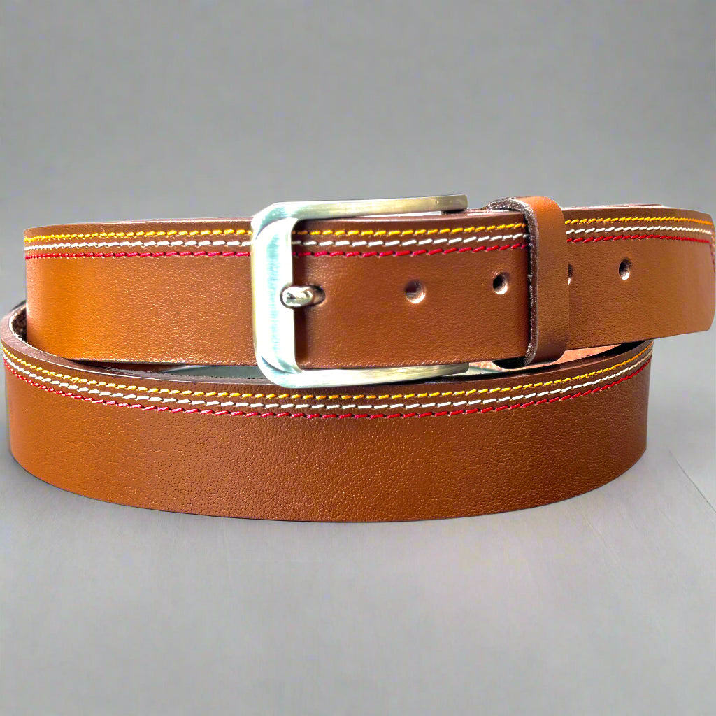Brown leather belt with a silver buckle on a light green background