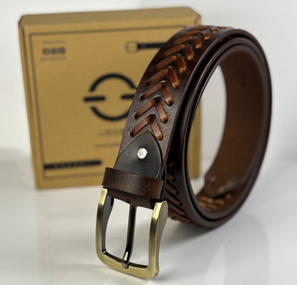 Crazy Horse Handmade Chevron Pattern Leather Belt - 40 MM