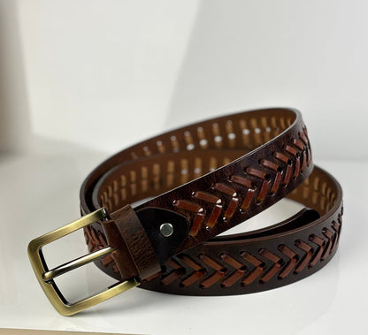 Crazy Horse Handmade Chevron Pattern Leather Belt - 40 MM