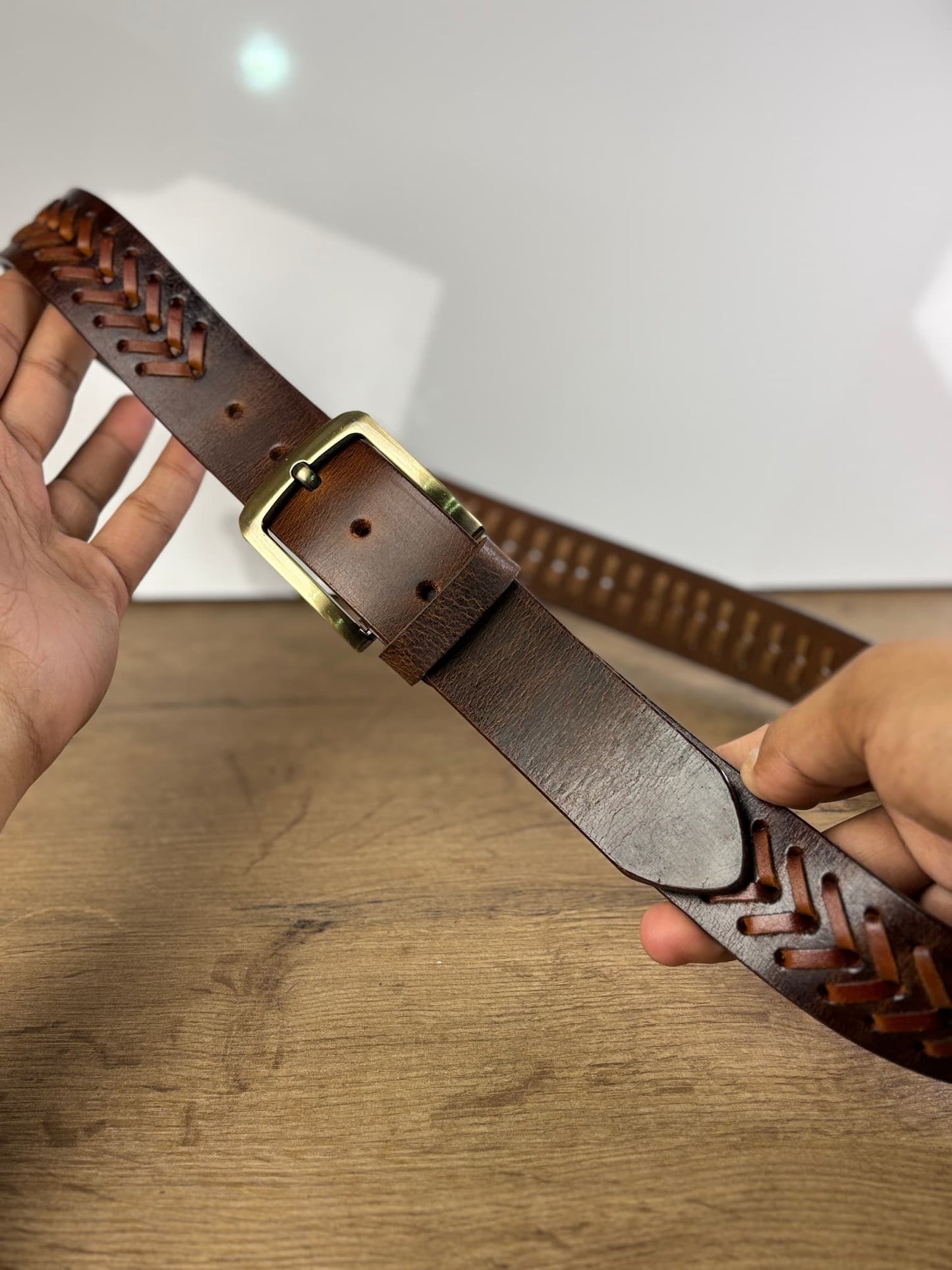 Crazy Horse Handmade Chevron Pattern Leather Belt - 40 MM