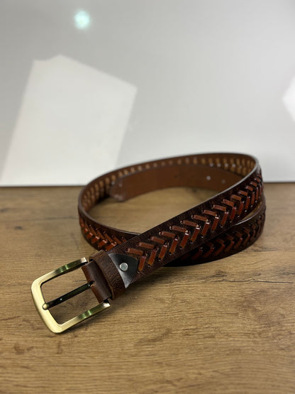 Crazy Horse Handmade Chevron Pattern Leather Belt - 40 MM