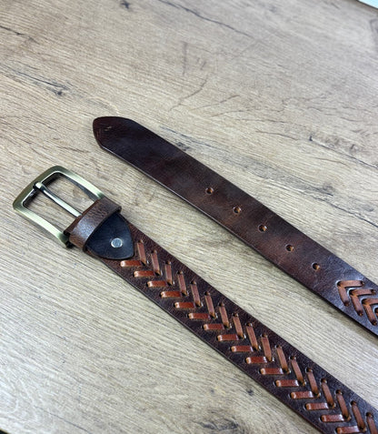 Crazy Horse Handmade Chevron Pattern Leather Belt - 40 MM