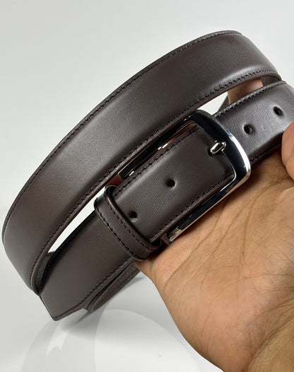 Lockzy Coffee Brown Side-Stitch Leather Belt – 35mm Dress Belt