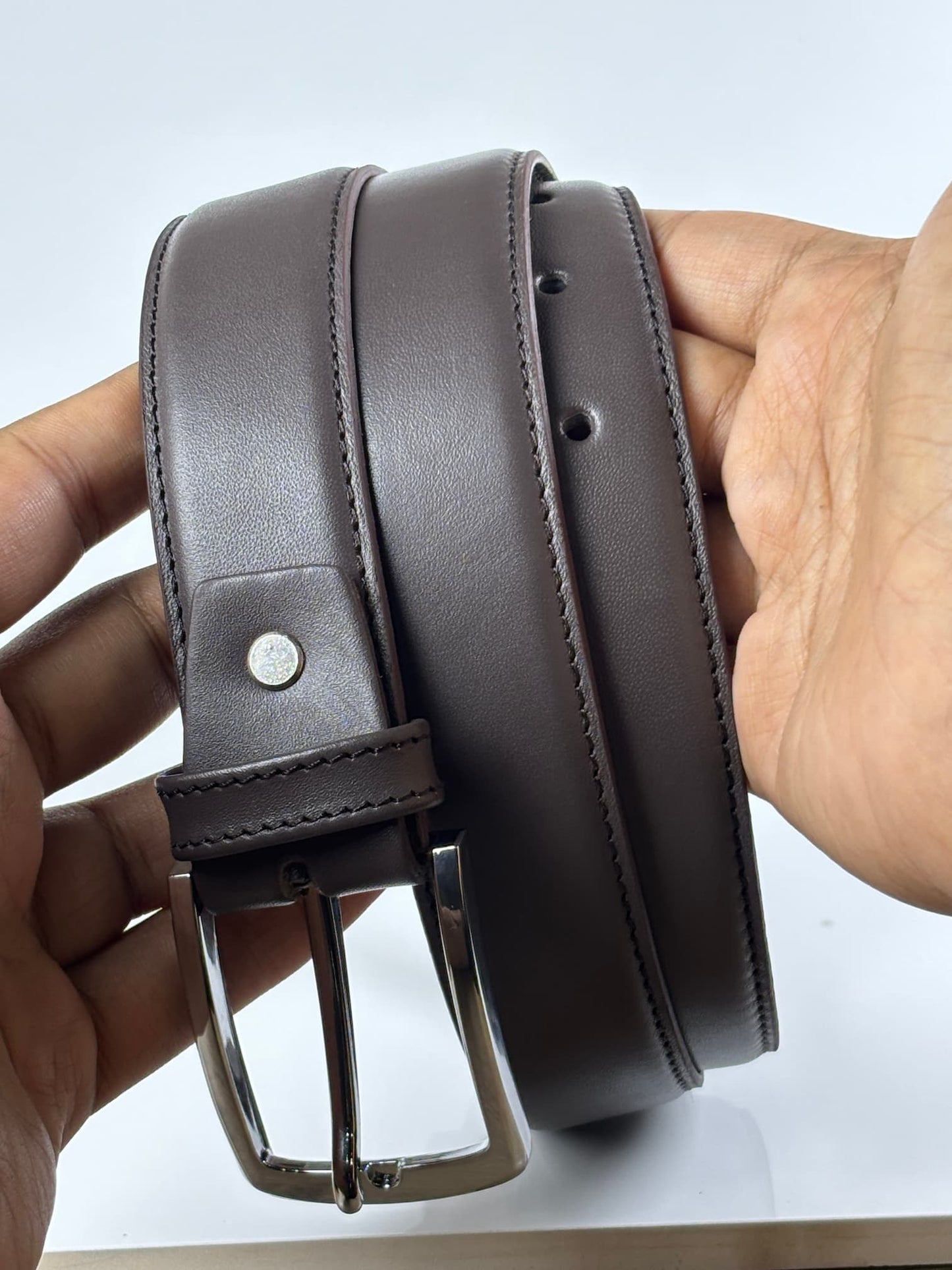 Lockzy Coffee Brown Side-Stitch Leather Belt – 35mm Dress Belt