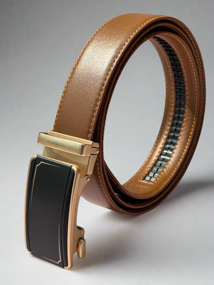 Mustard belt with a gold buckle on a light gray background