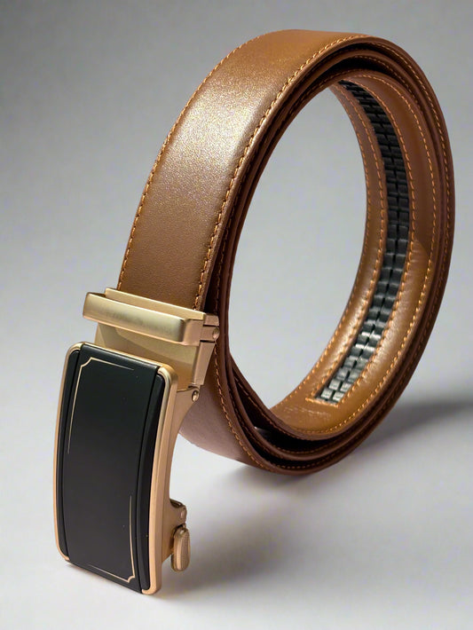 Mustard belt with a gold buckle on a light gray background