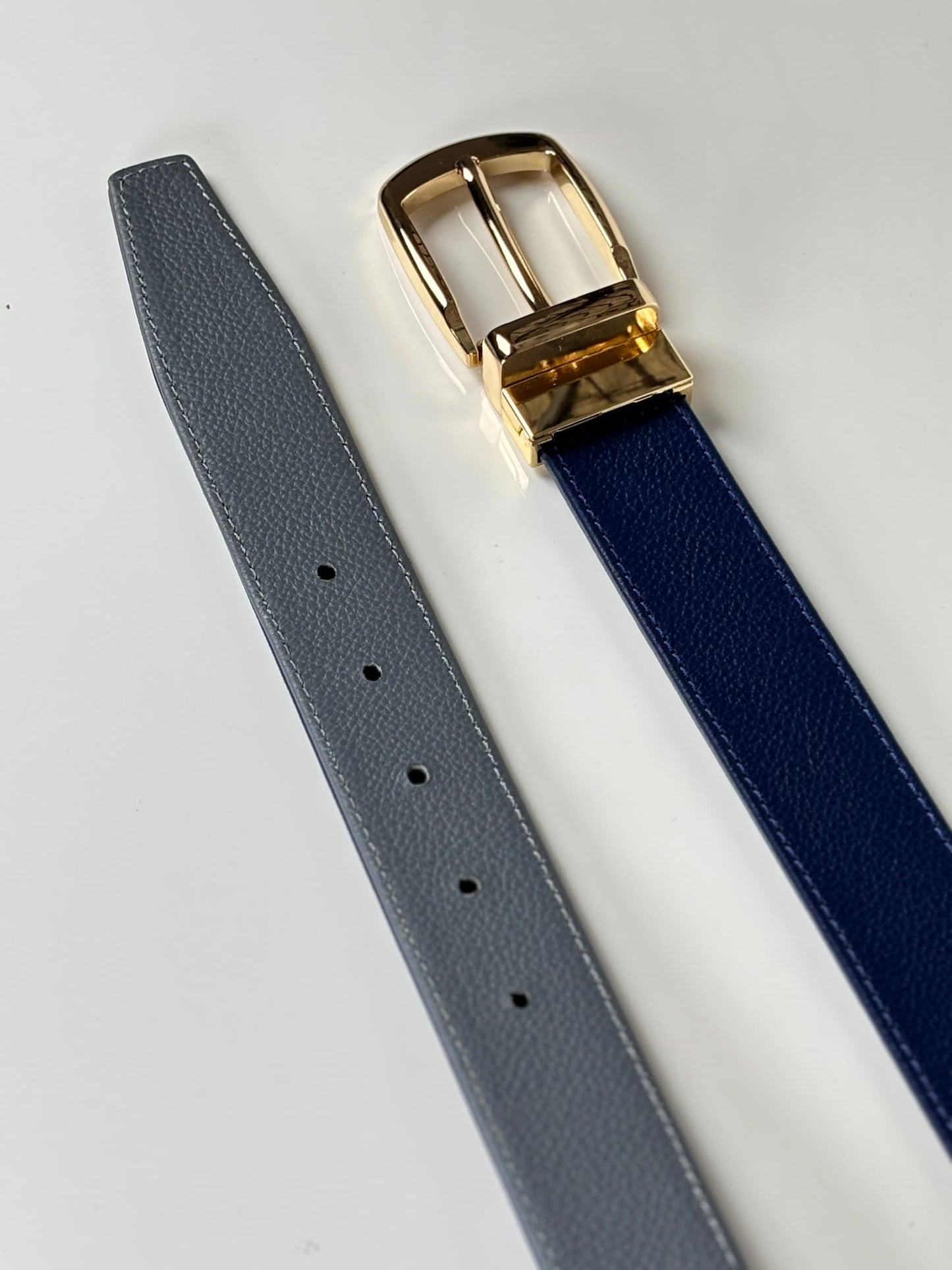 2-in-1 Double-Sided Natural Cow 100 % Leather Belt - Blue & Grey- No Peeling or Cracking