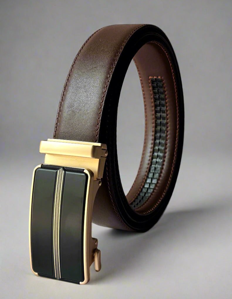 Real Full Grain 100% Cow Leather, Not Artificial Premium Auto Lock Belt – Dark Brown – Soft, Durable, Elite