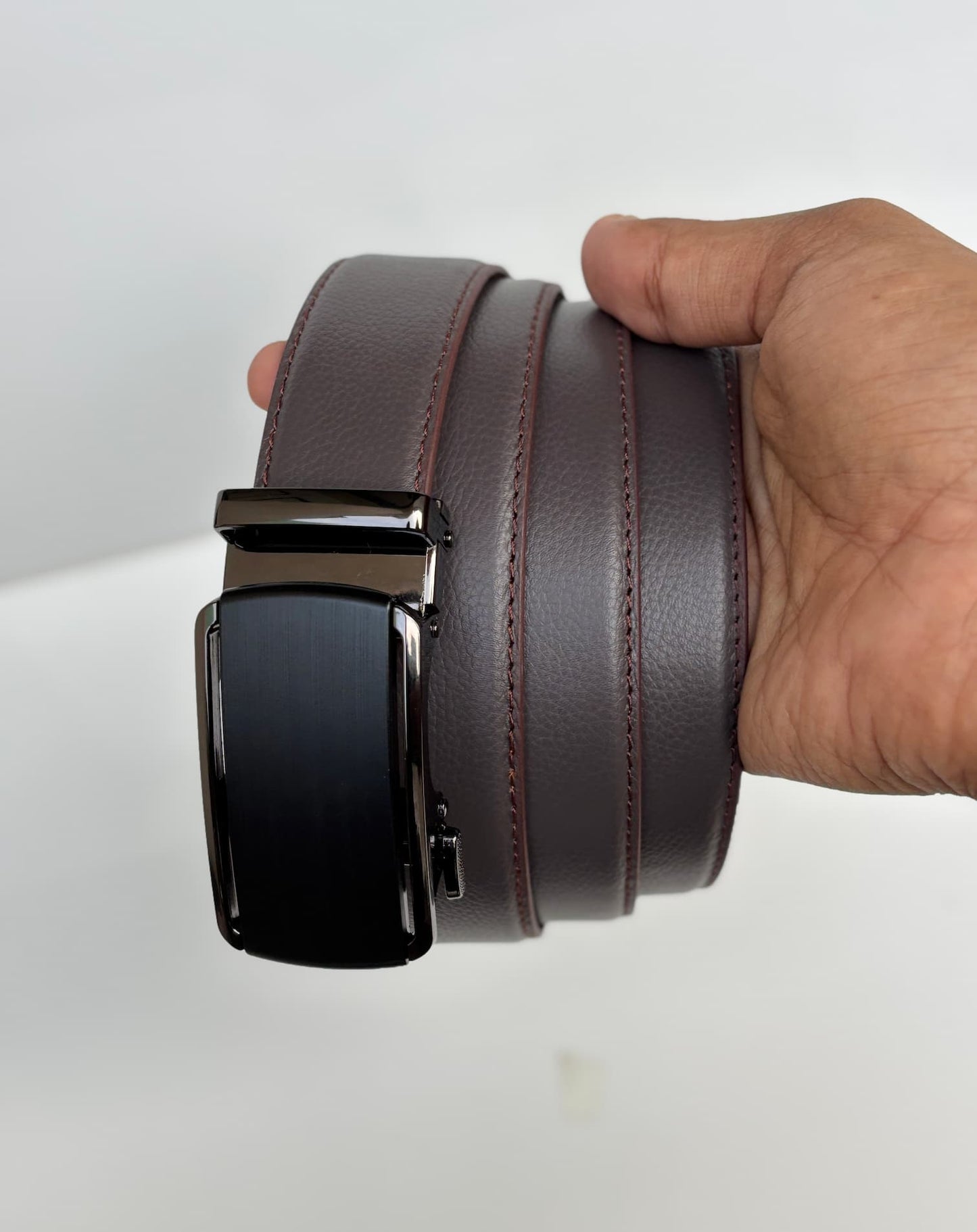 Auto Lock Full Grain Natural Leather Belt - Exotic Eggplant (Aubergine)