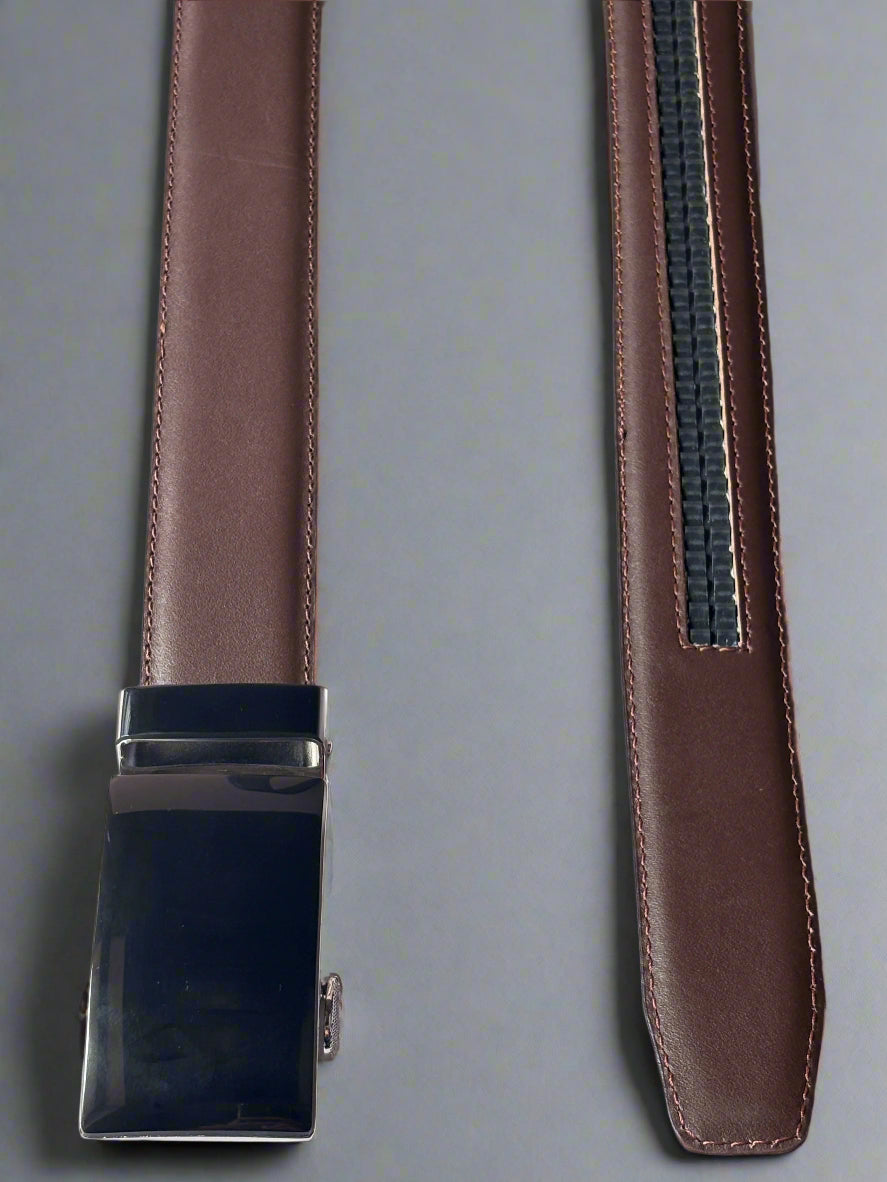 Brown leather belt with a black buckle on a white background