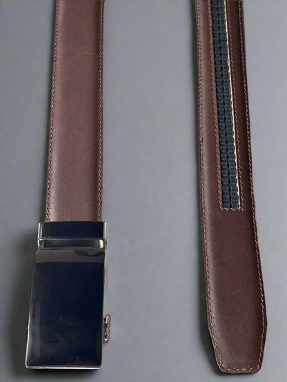 Brown leather belt with a black buckle on a white background
