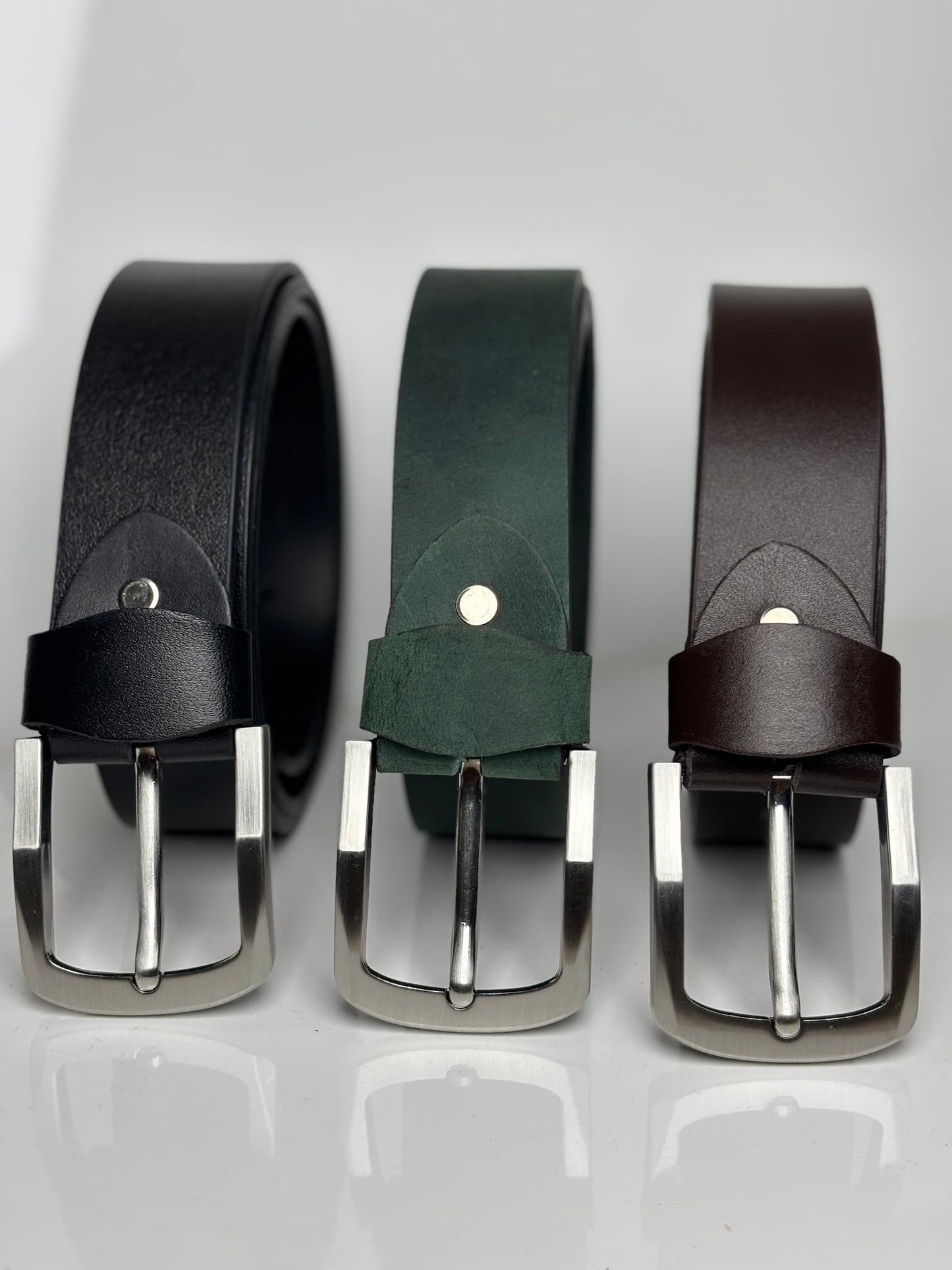 Pack of 3 - 40 MM Leather Belts - Black, Green & Chocolate Brown