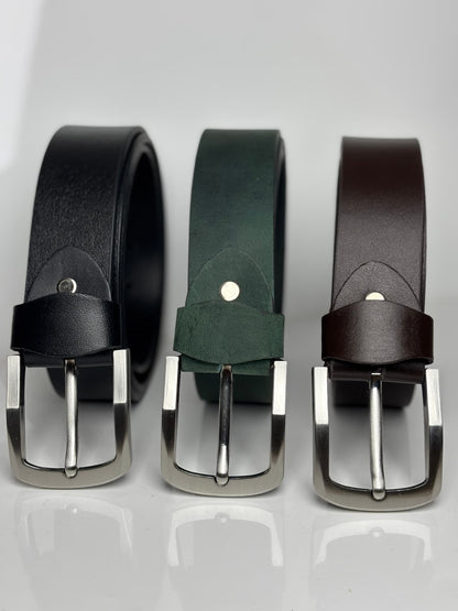 Pack of 3 - 40 MM Leather Belts - Black, Green & Chocolate Brown